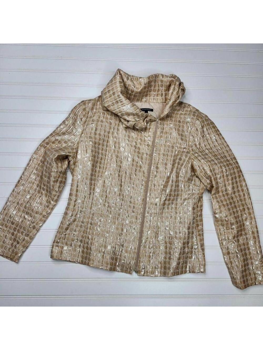 Samuel Dong Women's Gold Wire Edged Collar Metallic Offset Zippered Jacket Sml